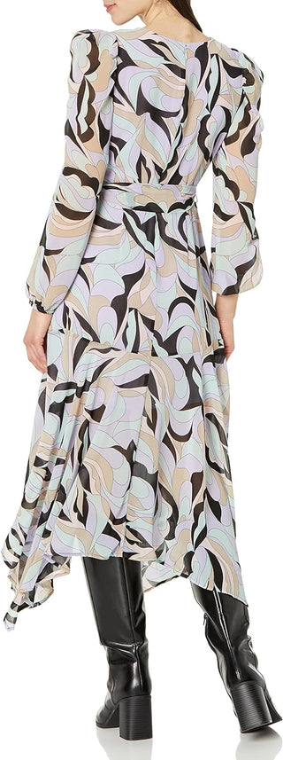 Calvin Klein Women's Printed Puff Shoulder Midi Wrap Dress Black Size 4