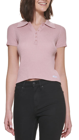 Calvin Klein Women's Ribbed Polo Sweater Pink Size Petite Medium