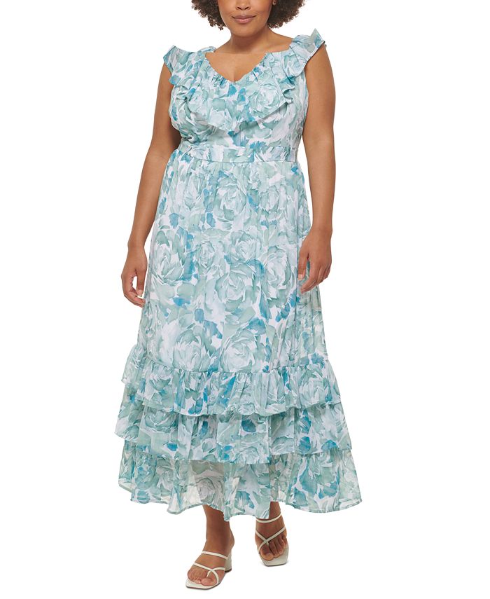 calvin klein green ruffle dress Womens Plus V-Neck Long Maxi Blue 16W embellishment