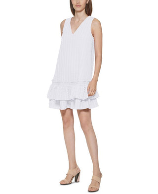Calvin Klein Women's Ruffled A Line Dress White Size 10Petite