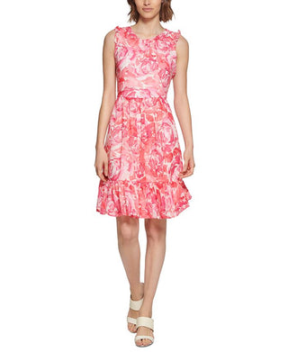 Calvin Klein Women's Printed Flounce Dress Red Size 10Petite