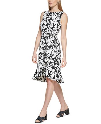 Calvin Klein Women's Printed A Line Dress Black Size 12Petite