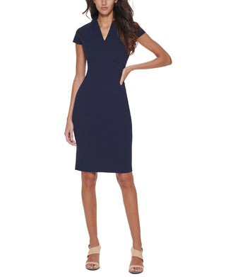 Calvin Klein Women's Cap Sleeve Split Neck Sheath Dress Blue Size 2