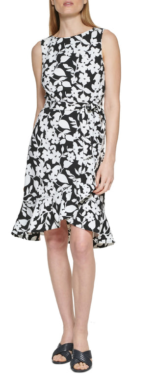 Calvin Klein Women's Floral Print Ruffled Hem Dress Black Size 2