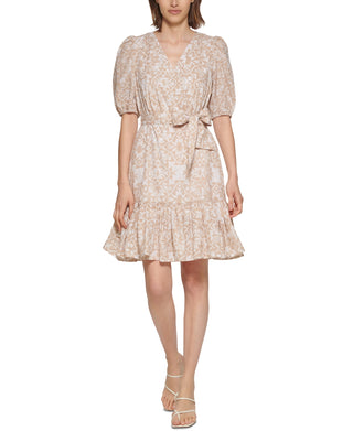 Calvin Klein Women's Puff Sleeve Belted Dress Brown Size 12