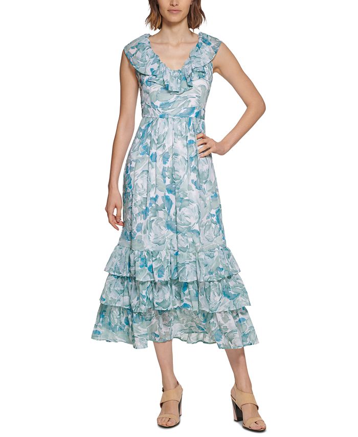 Calvin Klein Women's Ruffled Tiered Maxi Dress Green Size 12