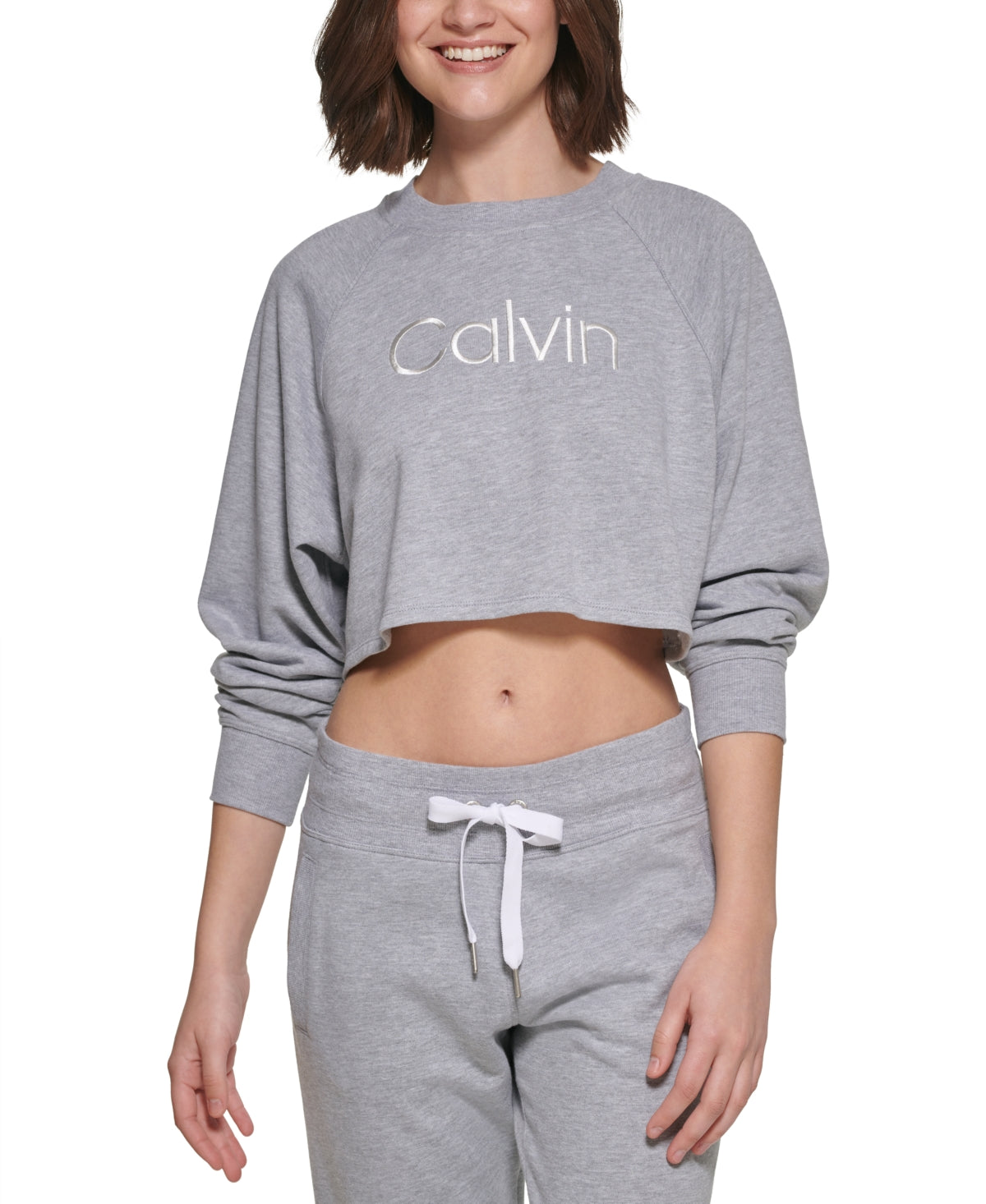Calvin Klein Women's Embroidered Logo Cropped Sweatshirt Gray Size Small
