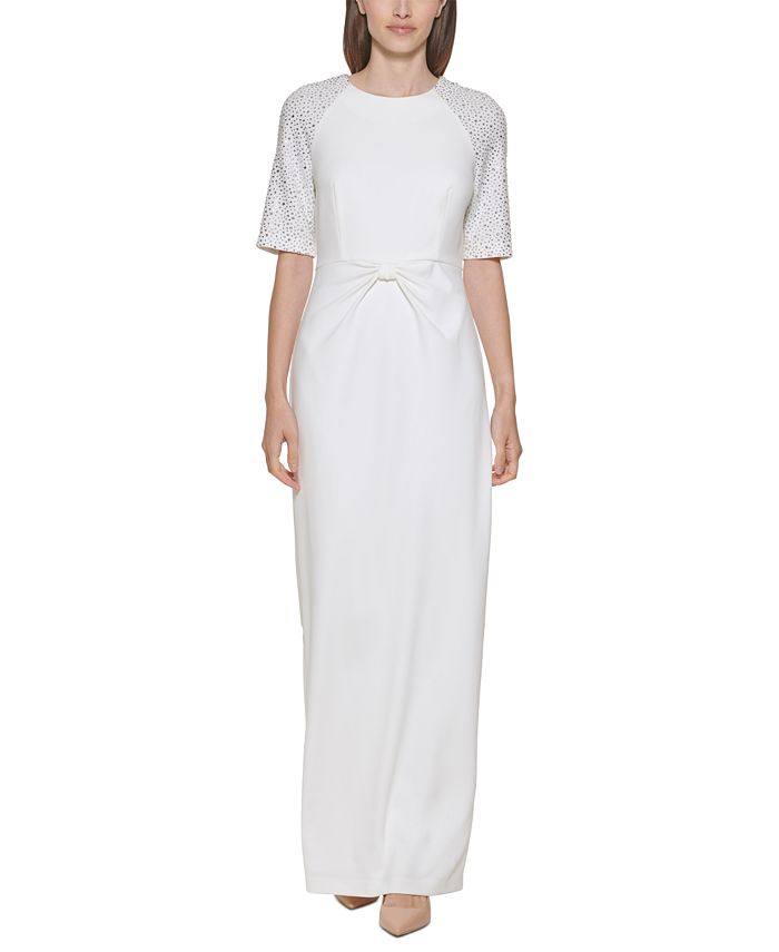 Calvin Klein Women's Rhinestone Embellished Knot Waist Dress White Size 16