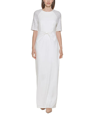 Calvin Klein Women's Rhinestone Embellished Knot Waist Dress White Size 16