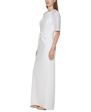 Calvin Klein Women's Rhinestone Embellished Knot Waist Dress White Size 16