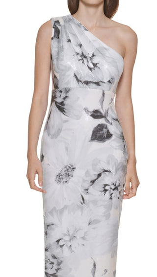 Calvin Klein Women's Embellished One Shoulder Gown Gray Size 4