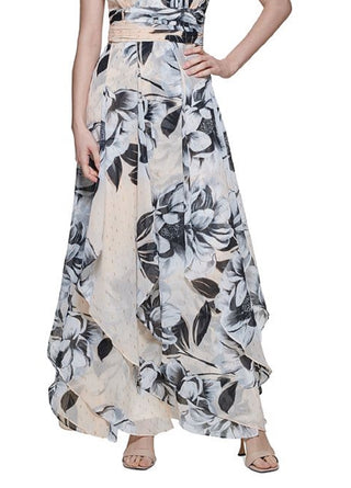 Calvin Klein Women's Metallic Embroidered Floral Print Maxi Dress Brown Size 8