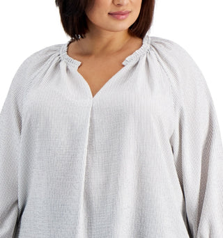 Calvin Klein Women's Striped Textured V Neck Top White Size 2X