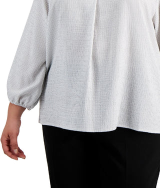 Calvin Klein Women's Striped Textured V Neck Top White Size 2X