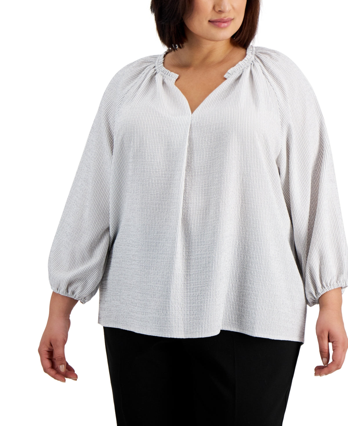 Calvin Klein Women's Striped Textured V Neck Top White Size 2X