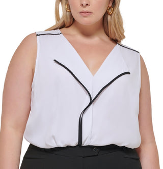 Calvin Klein Women's Plus Contrast Trim V Neck Blouse White Size 2X