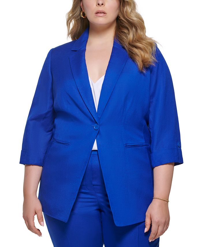 Calvin Klein Women's Linen Blend One Button Jacket Blue Size 16W