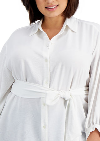 Calvin Klein Women's Balloon Sleeve Tie Waist Button Front Top White Size 1X