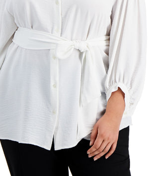 Calvin Klein Women's Balloon Sleeve Tie Waist Button Front Top White Size 1X