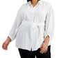 Calvin Klein Women's Balloon Sleeve Tie Waist Button Front Top White Size 1X