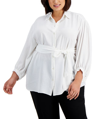 Calvin Klein Women's Balloon Sleeve Tie Waist Button Front Top White Size 1X