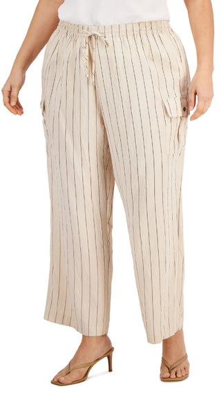 Calvin Klein Women's Striped Rumpled Wide Leg Cargo Pants Brown Size 3X