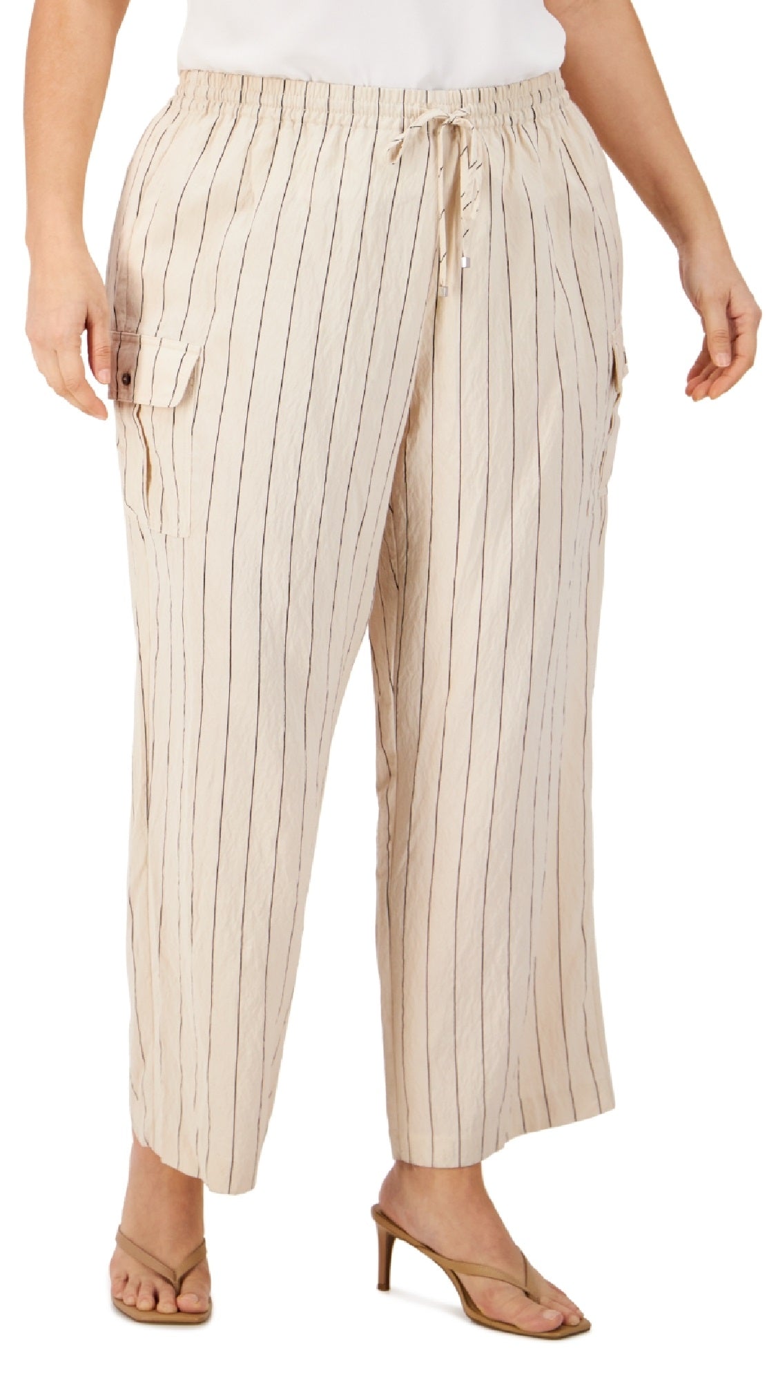 Calvin Klein Women's Striped Rumpled Wide Leg Cargo Pants Brown Size 3X