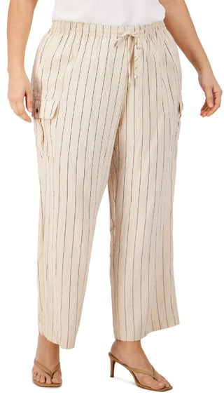 Calvin Klein Women's Striped Rumpled Wide Leg Cargo Pants Brown Size 3X