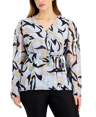 Calvin Klein Women's Printed Tie Waist Top Black Size 1X