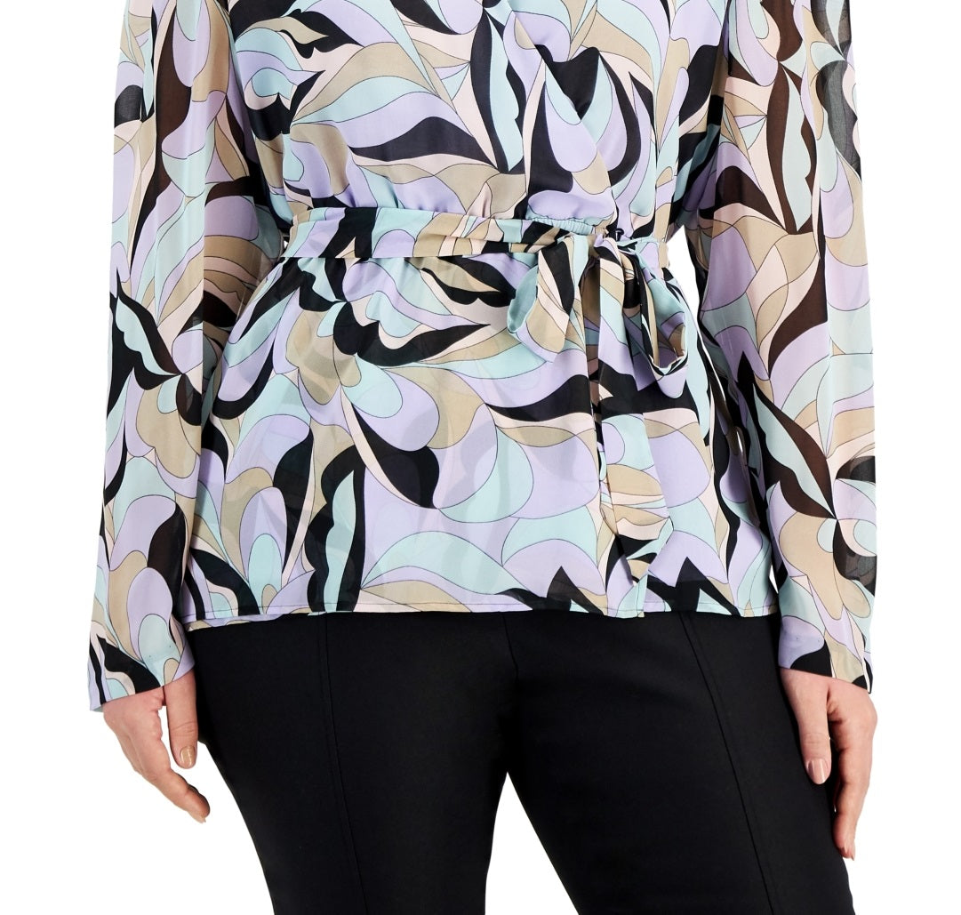 Calvin Klein Women's Printed Tie Waist Top Black Size 1X