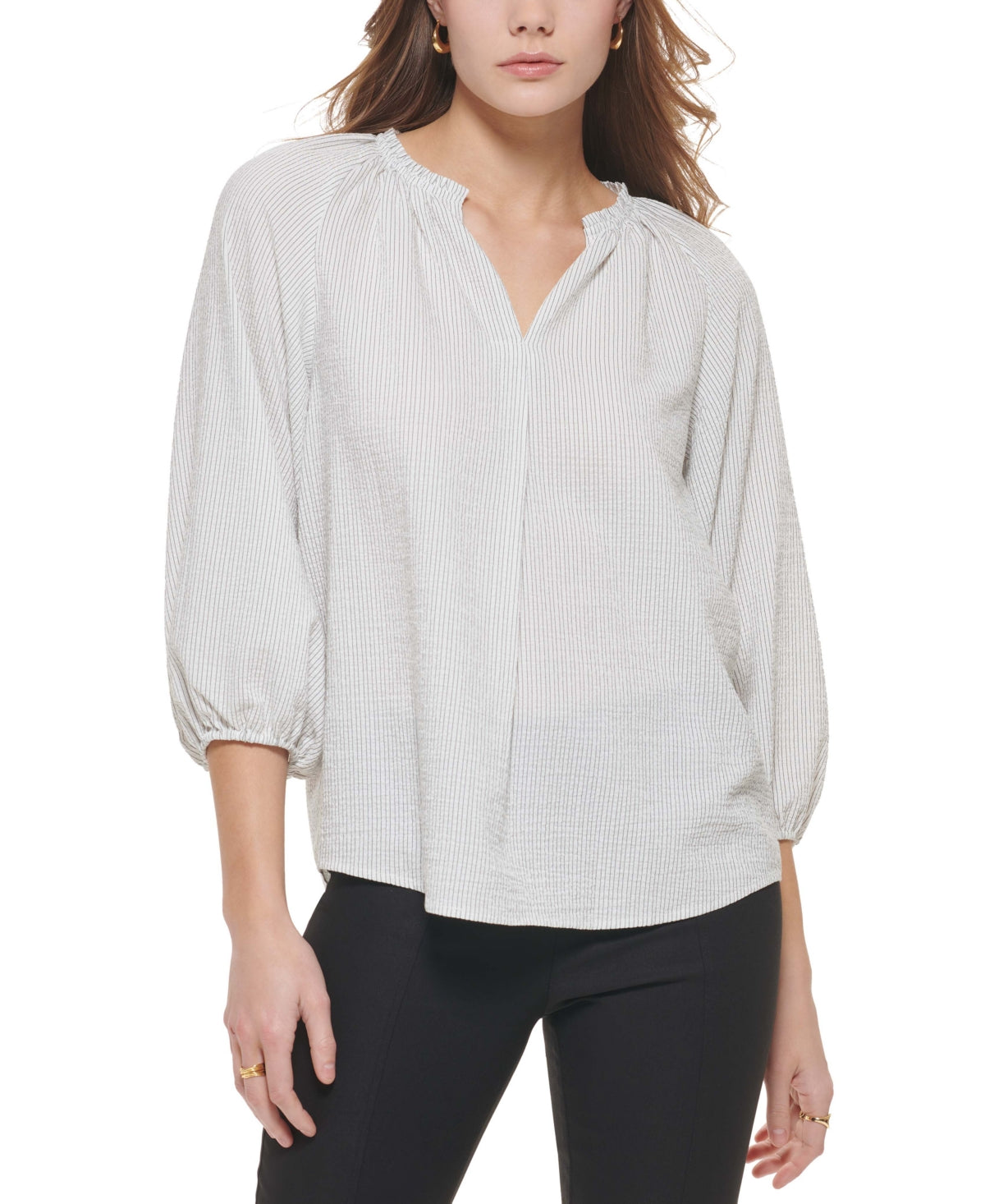 Calvin Klein Women's Striped Split Neck Blouse White Size Large