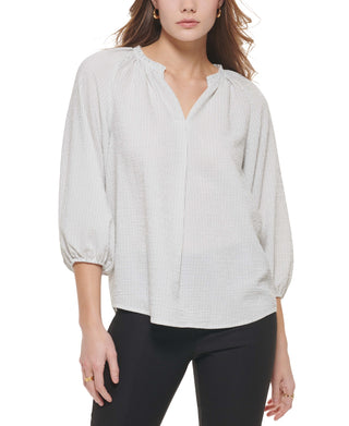 Calvin Klein Women's Striped Split Neck Blouse White Size Large