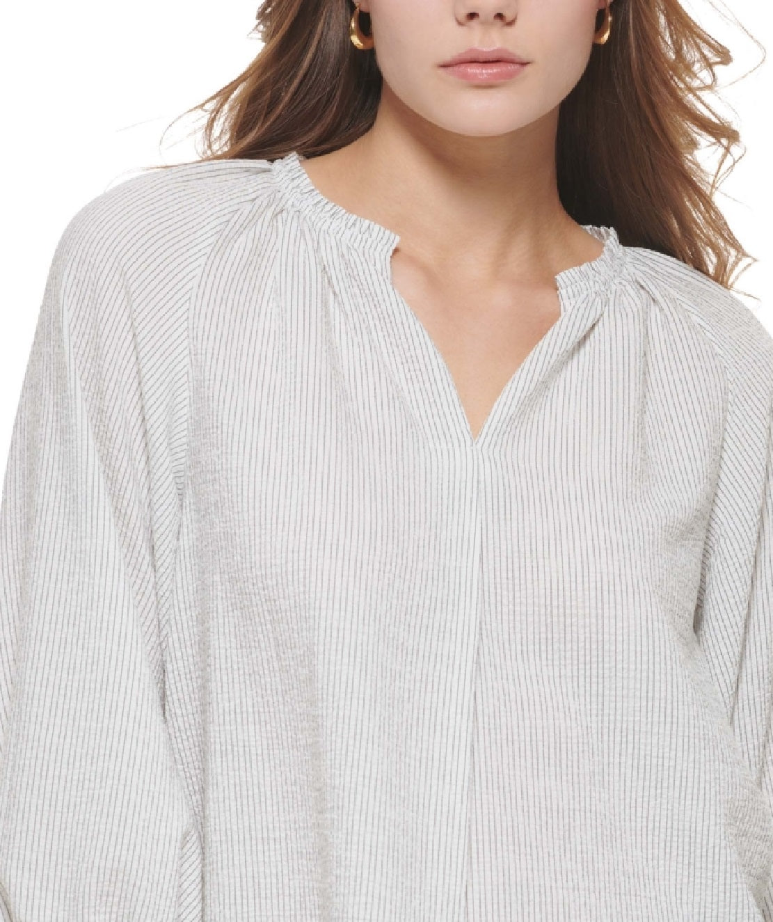 Calvin Klein Women's Striped Split Neck Blouse White Size Large