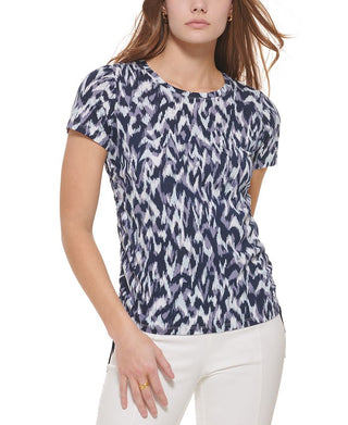 Calvin Klein Women's Printed Side Ruched Top Blue Size Medium
