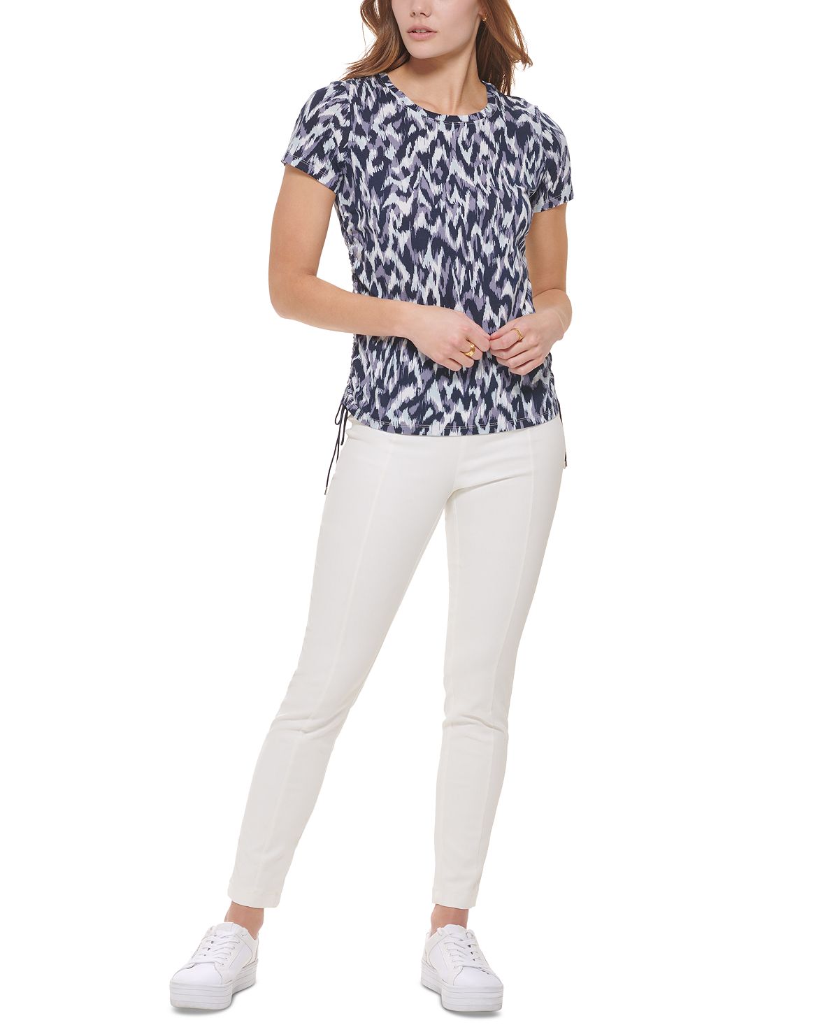 Calvin Klein Women's Printed Side Ruched Top Blue Size Medium