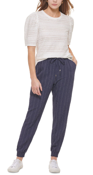 Calvin Klein Women's Short Sleeve Puff Shoulder Eyelet Top White Size Medium