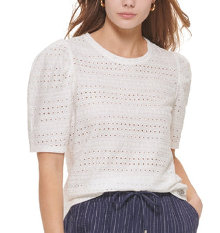 Calvin Klein Women's Short Sleeve Puff Shoulder Eyelet Top White Size Medium