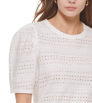 Calvin Klein Women's Short Sleeve Puff Shoulder Eyelet Top White Size Medium
