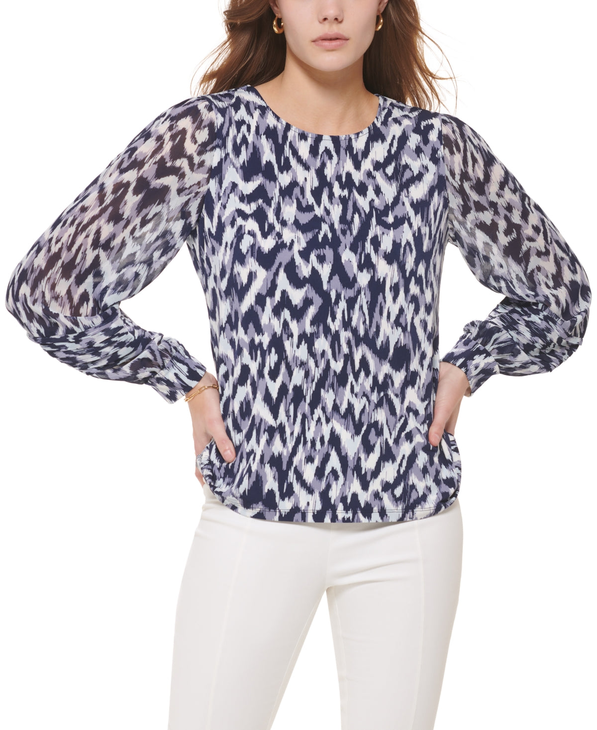 Calvin Klein Women's Printed Pleat Sleeve Top Blue Size Medium