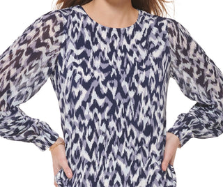 Calvin Klein Women's Printed Pleat Sleeve Top Blue Size Medium