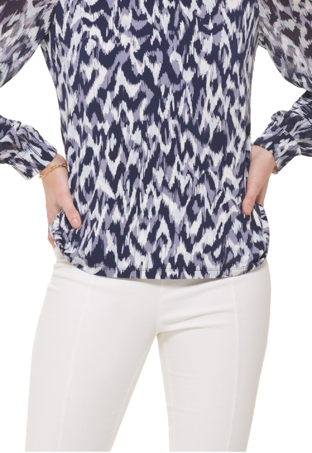 Calvin Klein Women's Printed Pleat Sleeve Top Blue Size Medium