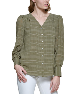 Calvin Klein Women's Plaid Puff Shoulder Blouse White Size Medium