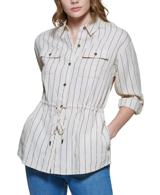 Calvin Klein Women's Striped Tie Waist Button Down Shirt Brown Size Large
