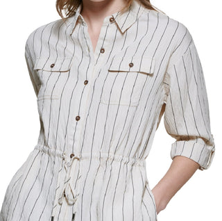 Calvin Klein Women's Striped Tie Waist Button Down Shirt Brown Size Large