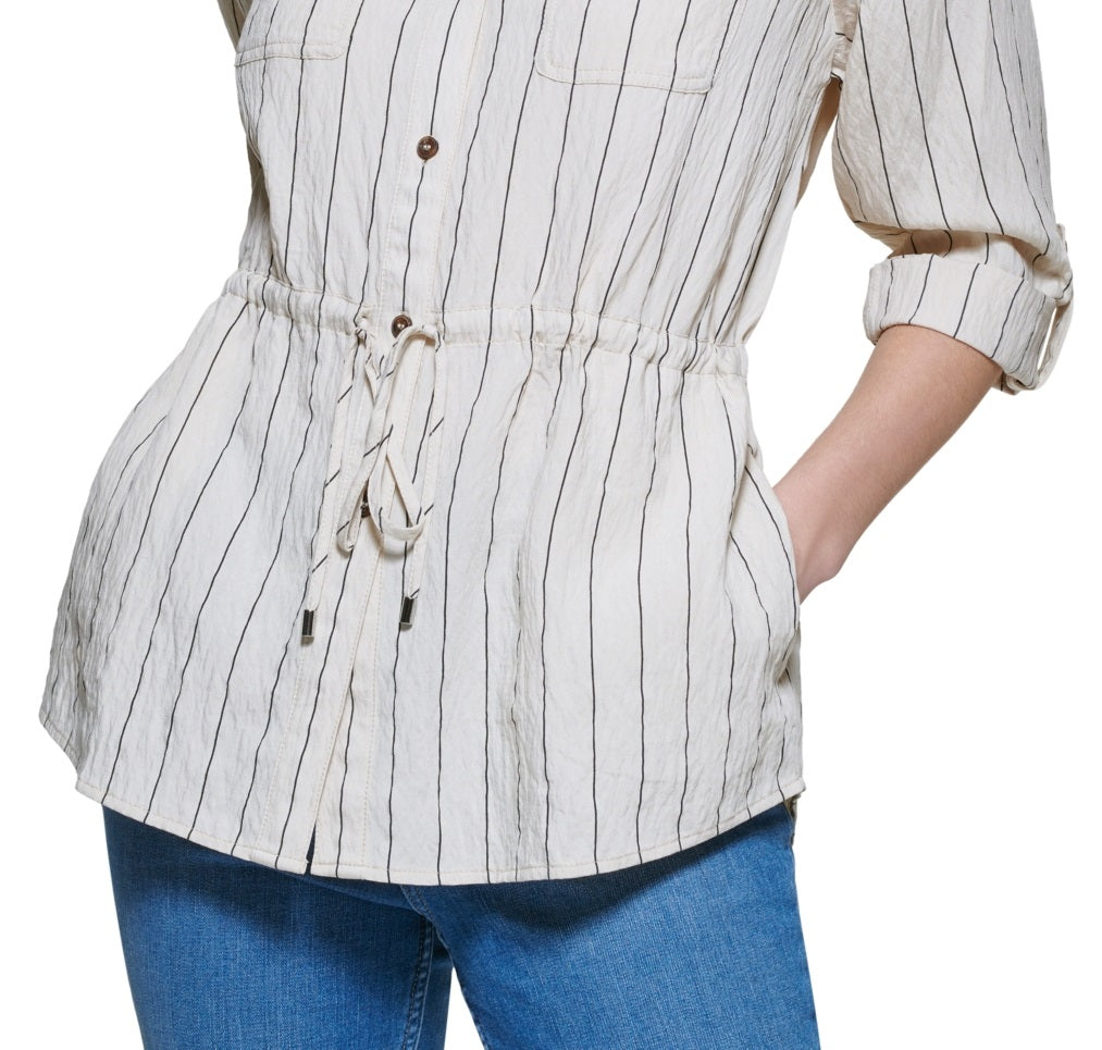 Calvin Klein Women's Striped Tie Waist Button Down Shirt Brown Size Large