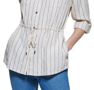 Calvin Klein Women's Striped Tie Waist Button Down Shirt Brown Size Large