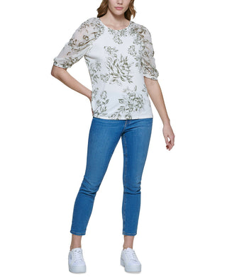 Calvin Klein Women's Floral Print Chiffon Sleeve Top Green Size Medium