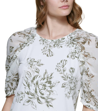 Calvin Klein Women's Floral Print Chiffon Sleeve Top Green Size Medium