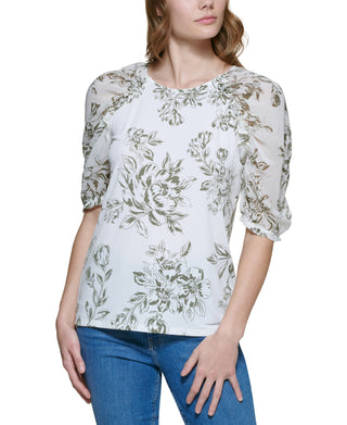 Calvin Klein Women's Floral Print Chiffon Sleeve Top Green Size Medium