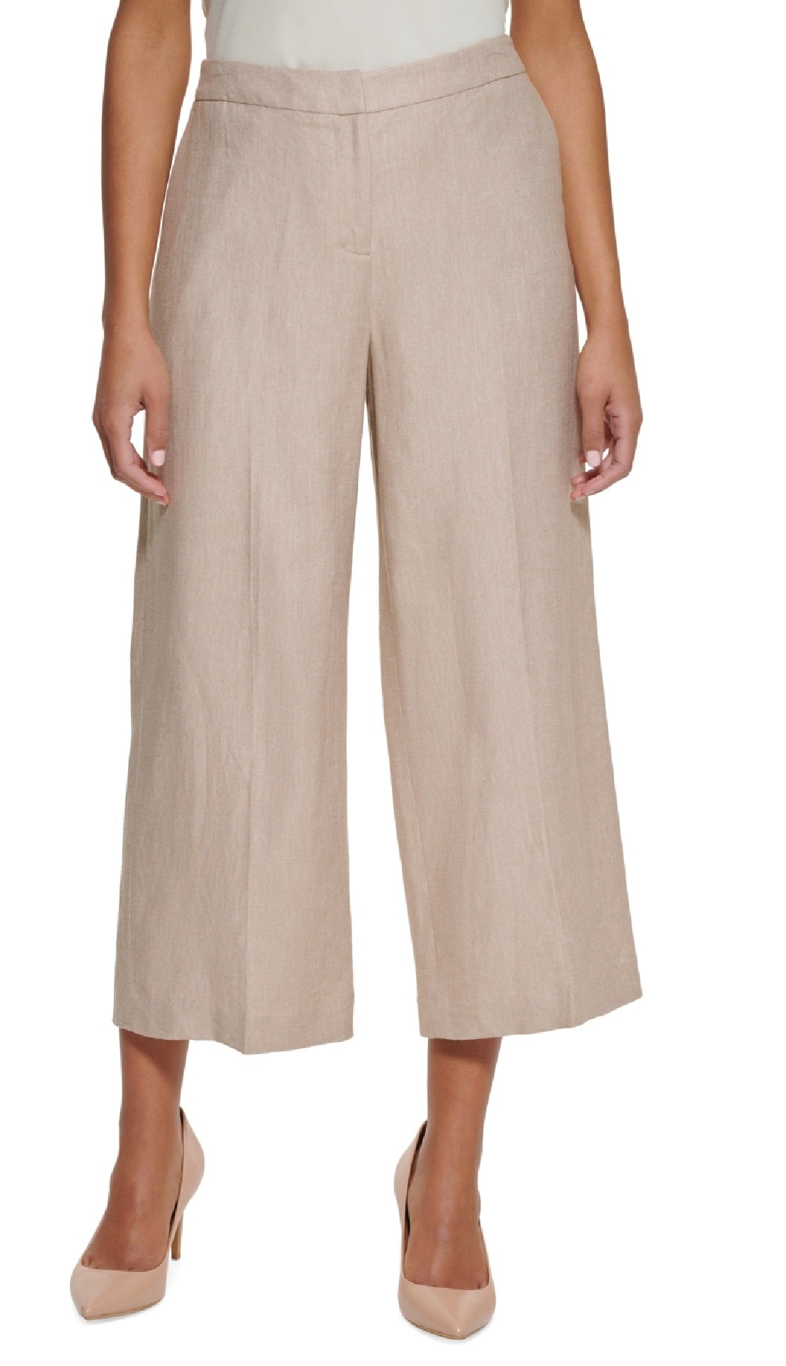 Calvin Klein Women's Linen Cropped Wide Leg Pants Brown Size 14 Petite